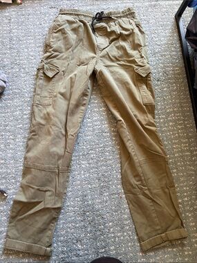 Boohoo Mens Olive Cargo Pants with Drawstring Waist